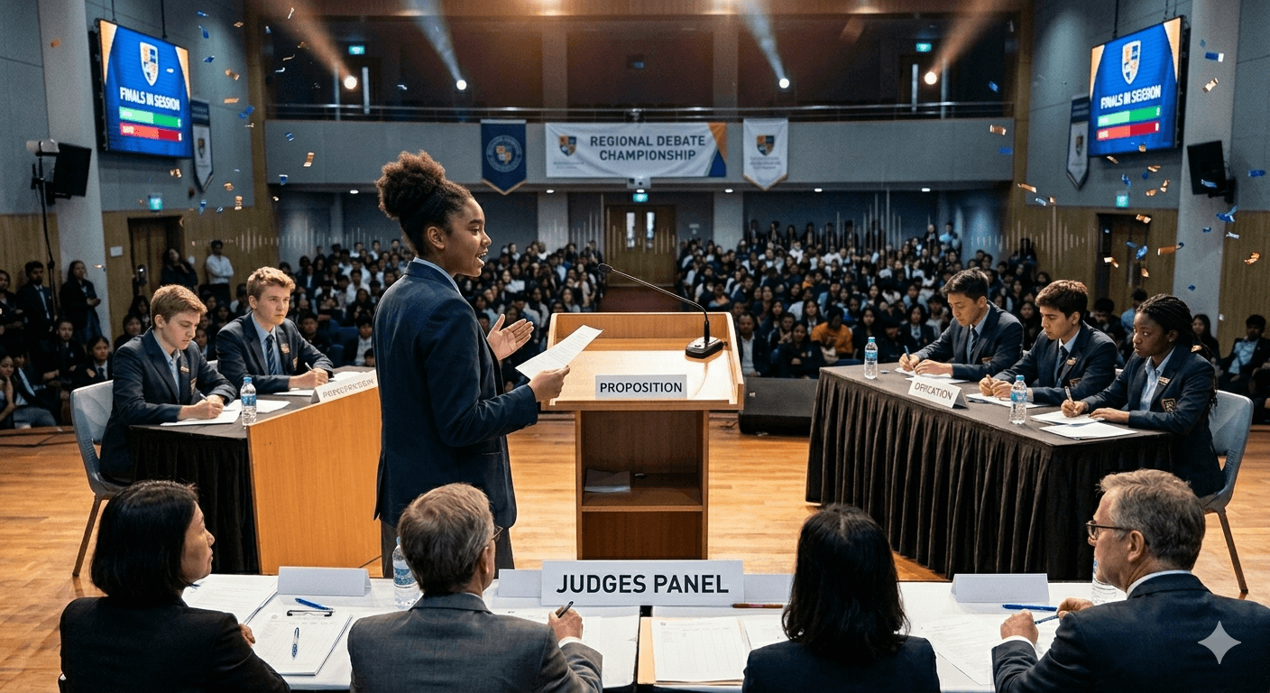 A student speaking at a debate podium in front of judges and competitors.