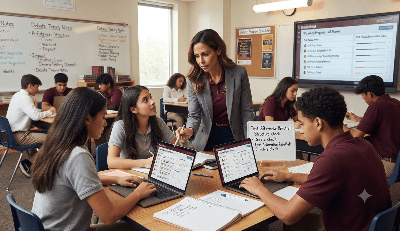 A debate facilitator helping students practice with DebateBoost in a classroom.
