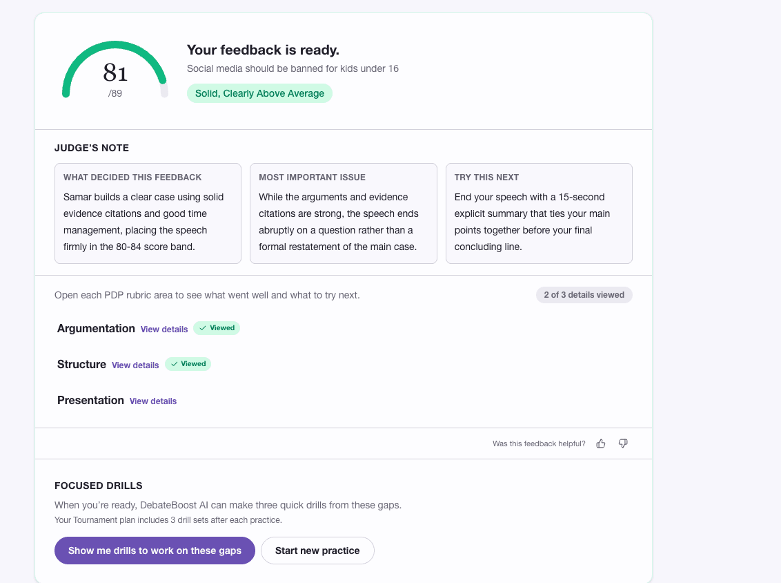 A DebateBoost feedback screen showing a judge note, rubric areas, and focused drills.