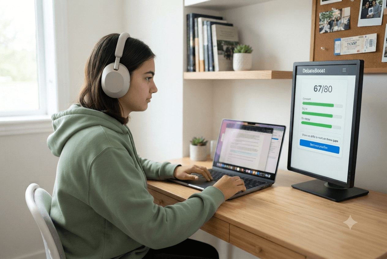 A student calmly practicing debate on a laptop with DebateBoost feedback visible on a nearby screen.